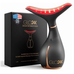 GLO24K Neck & Face Massager+ LED Light Therapy Thermal Heating Vibration Black